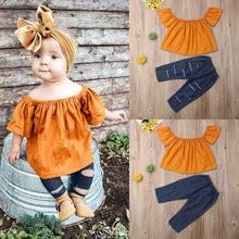 Load image into Gallery viewer, Kids Girls Clothes Toddler Children Sets Off Shoulder Solid Tops Hole jeans Piece kit Outfit Little Girls Clothing Wholesale