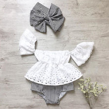 Load image into Gallery viewer, 3 Pieces Newborn Kids Baby Girls Clothes Set Lace Hollow Out Short Sleeve Tops+Striped Shorts+Headbands Outfits Clothing
