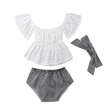 Load image into Gallery viewer, 3 Pieces Newborn Kids Baby Girls Clothes Set Lace Hollow Out Short Sleeve Tops+Striped Shorts+Headbands Outfits Clothing
