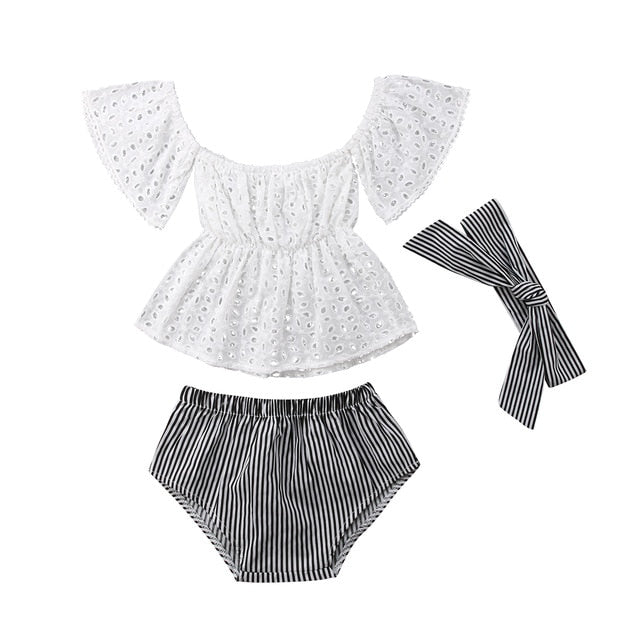 3 Pieces Newborn Kids Baby Girls Clothes Set Lace Hollow Out Short Sleeve Tops+Striped Shorts+Headbands Outfits Clothing