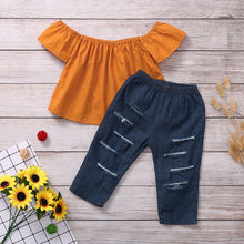 Load image into Gallery viewer, Kids Girls Clothes Toddler Children Sets Off Shoulder Solid Tops Hole  jeans Piece kit Outfit Little Girls Clothing Wholesale
