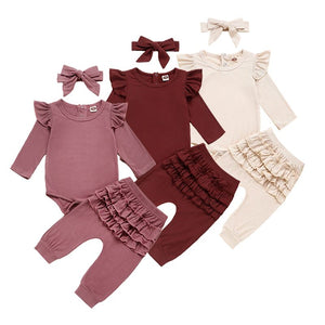 Newborn Baby Girl Clothes Autumn Infant Baby Clothes Outfits Knitted Bodysuit Top Romper Ruffle Pants Headband 3pcs Clothing Set