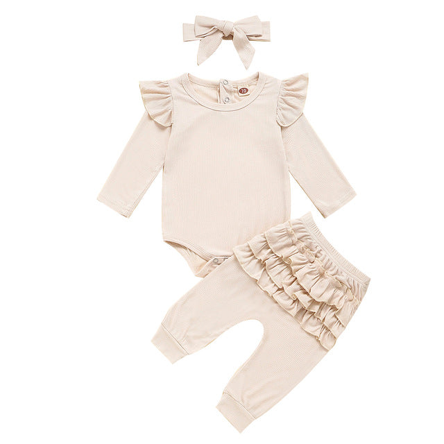 Newborn Baby Girl Clothes Autumn Infant Baby Clothes Outfits Knitted Bodysuit Top Romper Ruffle Pants Headband 3pcs Clothing Set