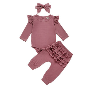 Newborn Baby Girl Clothes Autumn Infant Baby Clothes Outfits Knitted Bodysuit Top Romper Ruffle Pants Headband 3pcs Clothing Set