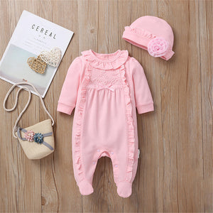 Princess Baby Girl Clothes Set Newborn Girls Long Sleeve Ruffles Rompers + Hats 2pcs Outfits Clothing Sets Infant Jumpsuit 0-12M