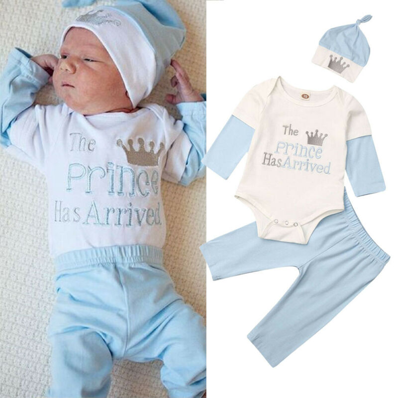 2019 Baby Spring Autumn Clothing Newborn Infant Baby Boy Prince Print Bodysuit+Pants+Hats 3Pcs Cotton Clothes Fall Outfit 0-18M